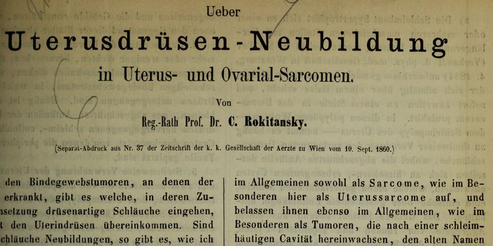 The first page of an 1860 German paper, its title Ueber Uterusdrüsen-Neubildung set in heavy type above two columns of text.